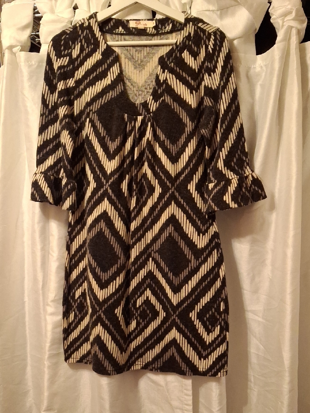 Aryeh Black and Cream Geometric Midi Dress